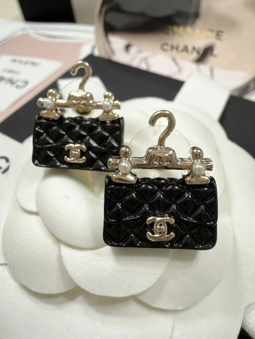 CHANEL Black Quilted Bag Hanger CC Stud Earrings